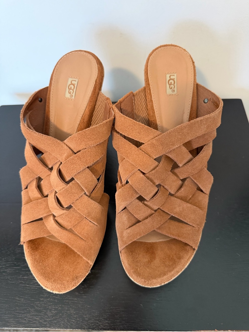UGG Women's Marta High Wedge Chestnut Suede Woven Slide Mules